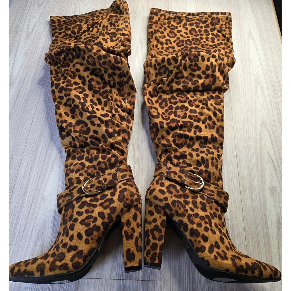 Journee Collection Leopard Print Over The Knee Boots Sz 8 XWC Extra Wide Calf‎